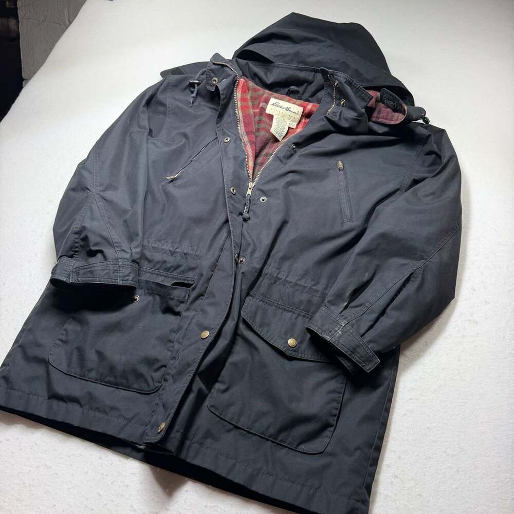 Eddie Bauer Women's Black Hooded Parka Jacket With Plaid Wool Lining Size L